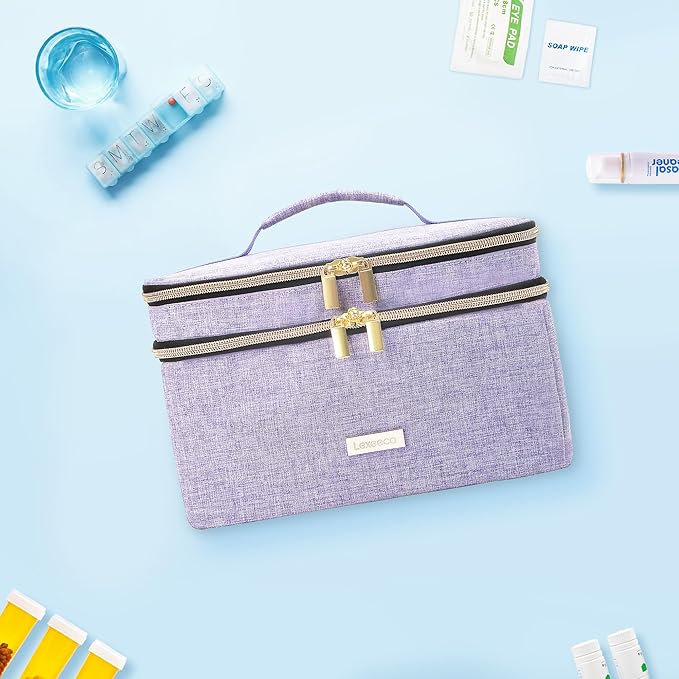 Medicine Storage Bag Pill Bottle Organizer with Portable Small Pouch Travel Medication Bottle Organizer for Emergency Home First Aid Box Kit (Purple)