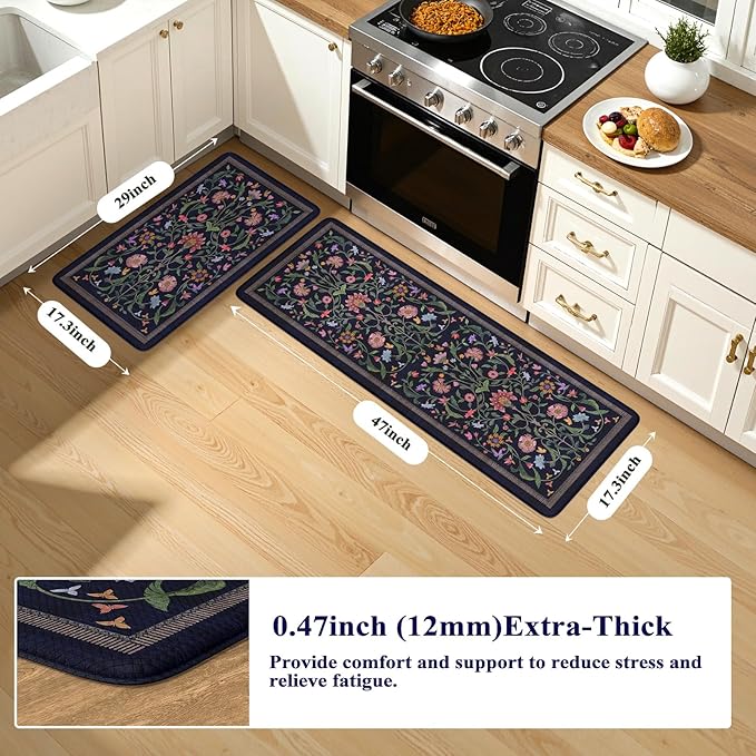 Collive Anti Fatigue Kitchen Mats, Cushioned Kitchen Rugs Set of 2 Waterproof Non Slip Desk Mat, Comfort Standing Rug Vintage Floral Carpet for Office, Sink, Laundry, 17.3"x29"+17.3"x47", Purple/Blue