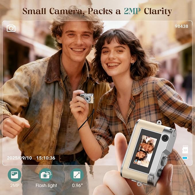 Mini Digital Camera, Keychain Camera 1080P HD with 2MP Lens, Flash, Video Recording, 32G Card Included, Portable and Compact Retro Vlog Camera for Travel, Kids, Beige