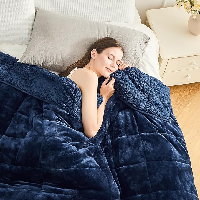 Cottonblue Sherpa Fleece Weighted Blanket 15 lbs for Adults, Warm Flannel Cozy Plush Bed Weighted Throw Blankets,Soft Fuzzy Winter Heavy Blankets Full Twin Size 48 x 72 inches for Sofa, Navy Blue
