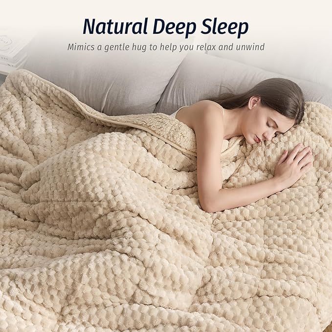Wemore Fleece Weighted Blanket for Adults (60" x 80" 20lbs, Khaki), Dual Sided Cozy Soft Sherpa Heavy Blanket, 3D Imitation Turtle Shell Warm Jacquard Flannel Weighted Blankets for Couch and Bed