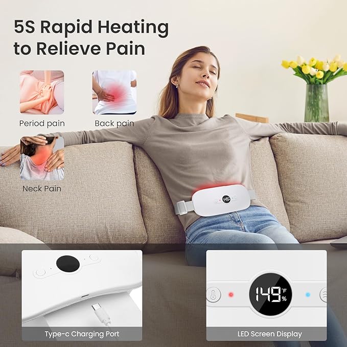 NOWWISH Heating Pad for Period Cramps Pain Relief, Portable Electric Cordless Menstrual Heating Pad Rechargeable with 6 Heat Levels and 6 Massage Modes, Christmas Gifts for Women Teen Girls, White