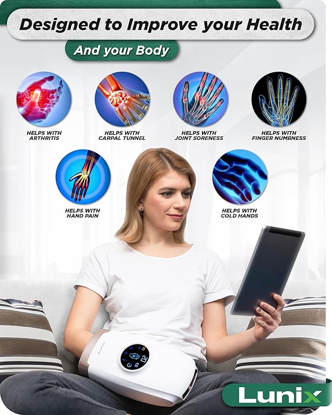 Lunix LX7 FSA Carpal Tunnel & Wrist Pain Relief Device, Heated Air Compression Hand Massager for Arthritis, Mothers Day Gifts for Women & Mom, Touchscreen, Lunar White