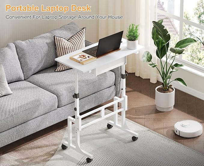 Adjustable Height Standing Desk for Walking Pad Treadmill, Portable Rolling Desk for Laptop with Drawer, Small Moblie Sit to Stand Desk On Wheels with Stiffener for Home Office Dorm Bedroom