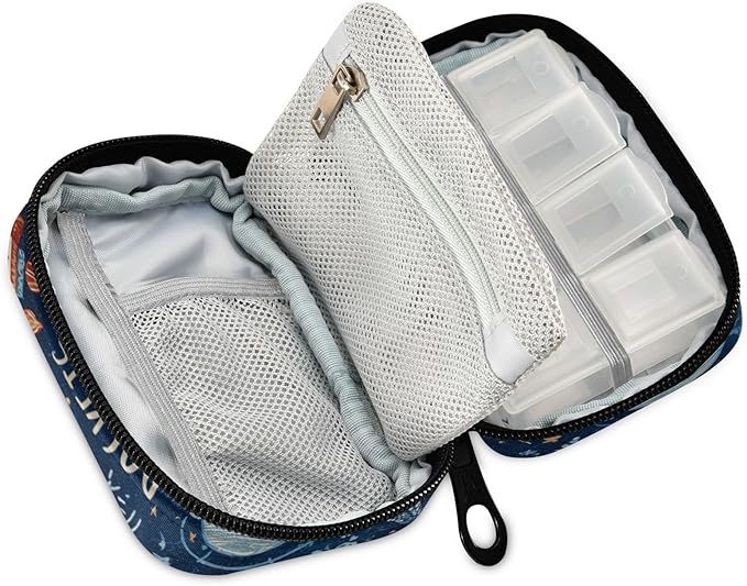 Dark Blue Space Rockets Planets Stars Travel Pill Organizer Case Box Container Weekly Portable Vitamin Medicine Holder Storage Bag with Zipper Removable