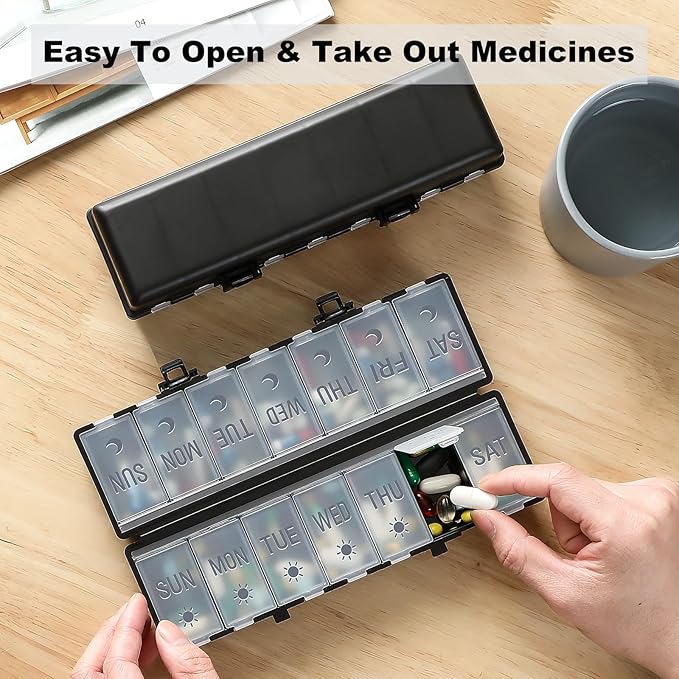 Foldable Pill Organizer 2 Times a Day w/Etched Labels -Dual Protection & Portable Weekly AM PM Pill Box, 7 Day Medicine Container, Large Travel Pill Case for Week Daily Supplement Vitamin - Black