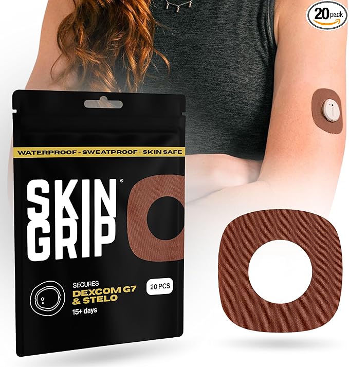Skin Grip Adhesive Patches Compatible with Dexcom G7 & Stelo CGM with Cutout – Waterproof & Sweatproof Cover for Continuous Glucose Monitor Sensor, Stays Secure for 10-15 Days – 20 Pack, Chocolate