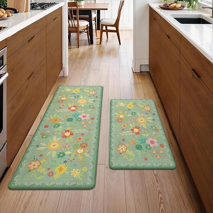 GENIMO Kitchen Mats for Floor 2PCS, Cushioned Kitchen Rugs Non Slip Washable, Farmhouse Anti Fatigue Mat Waterproof, Comfort Standing Mat Rug for Office, Home, Laundry, 17.3"x47"+17.3"x30", LightGreen