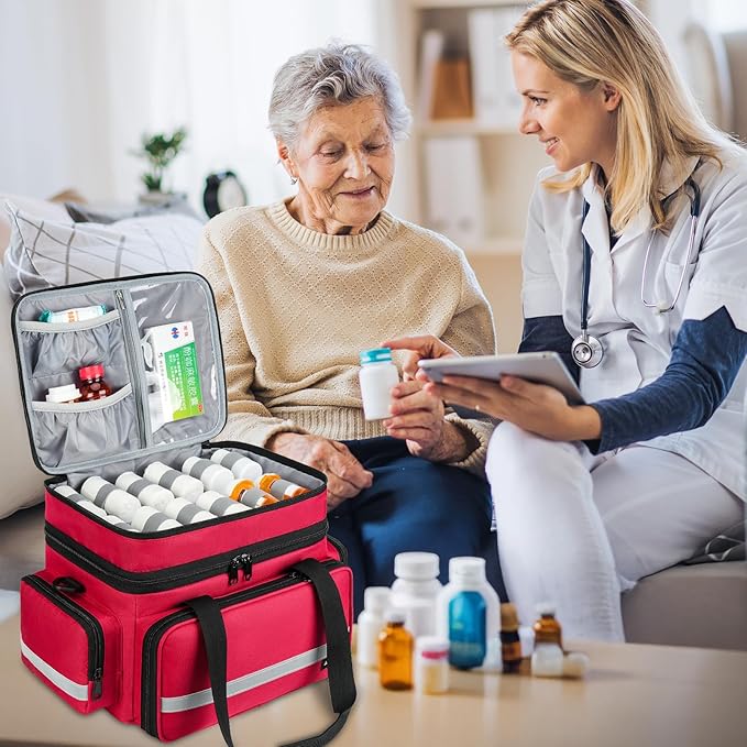 Large Pill Bottle Organizer, Double Layers Medicine Storage Bag with Lockable Zippers and Shoulder Strap,Medication Travel Bag for Prescription Bottles, Vitamins & Medical Supplies, Red (Bag Only)