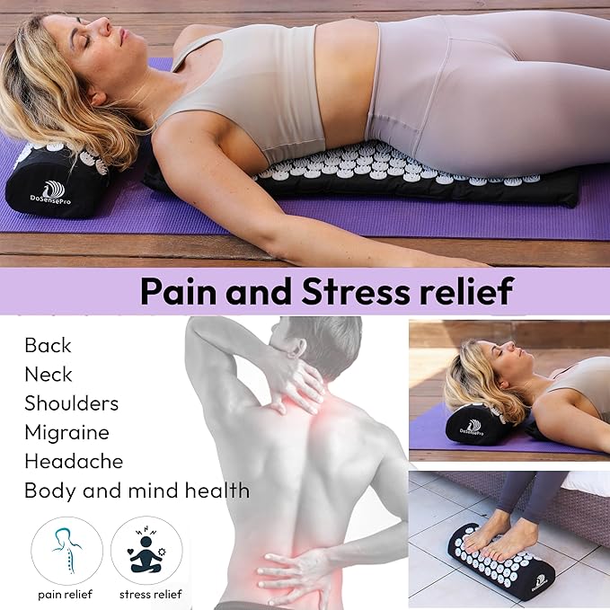 Acupressure Mat & Pillow Set - Acupressure Therapy for Back and Neck Pain Relief, Sciatica, and Pressure Point Aches, Ideal Acupuncture Mat for Sleeping Aid & Recovery (Black)