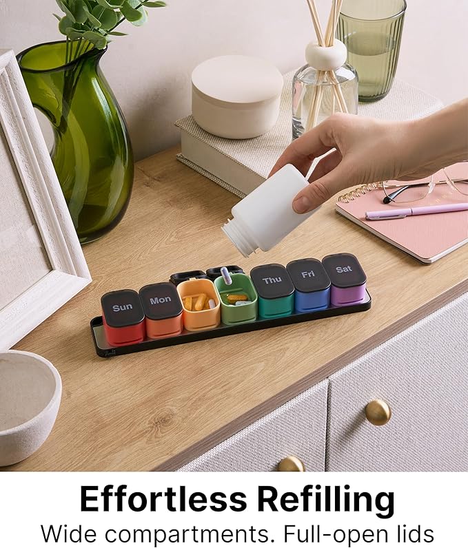 Pill Box 7 Day – Weekly Pill Organizer with Magnetic Detachable Compartments, 1 Time a Day for Vitamins & Supplements, Easy-Open Lids, Color-Coded Daily Containers with Easy-to-Read Day Markings