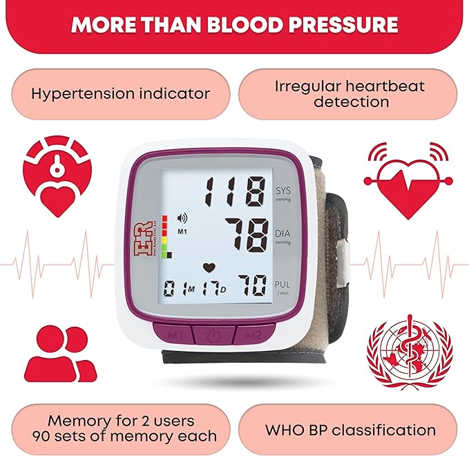 Ever Ready First Aid Fully Automatic Blood Pressure Wrist Cuff Watch Wearable Monitor for Home Use - Purple - Batteries Included