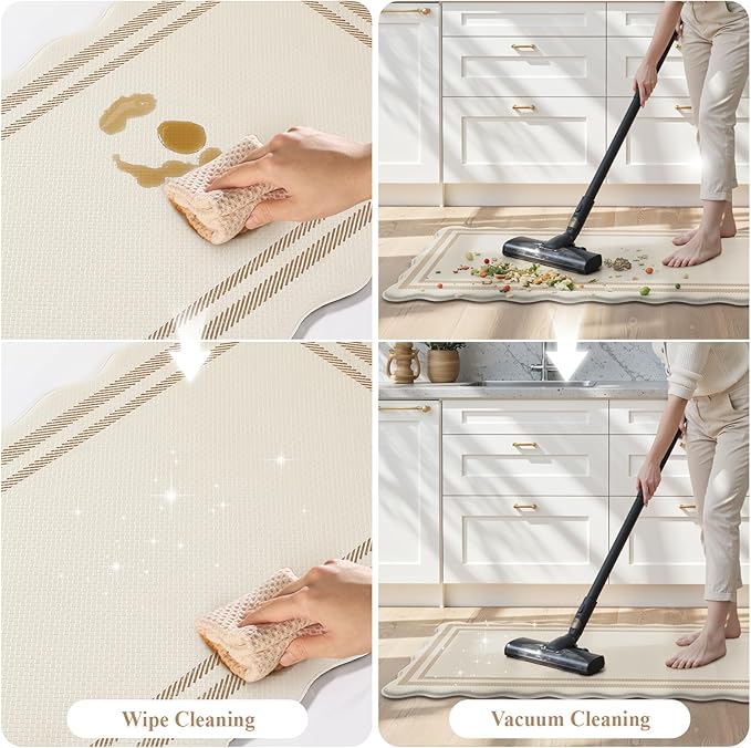 KIMODE Anti Fatigue Kitchen Mats, Beige Boho Kitchen Rugs, Padded Kitchen Mat for Floor, Comfort Standing Desk Mat, Cushioned Kitchen Mats for Floor 2 Piece for Laundry Office Sink 17"x59"+17"x29"