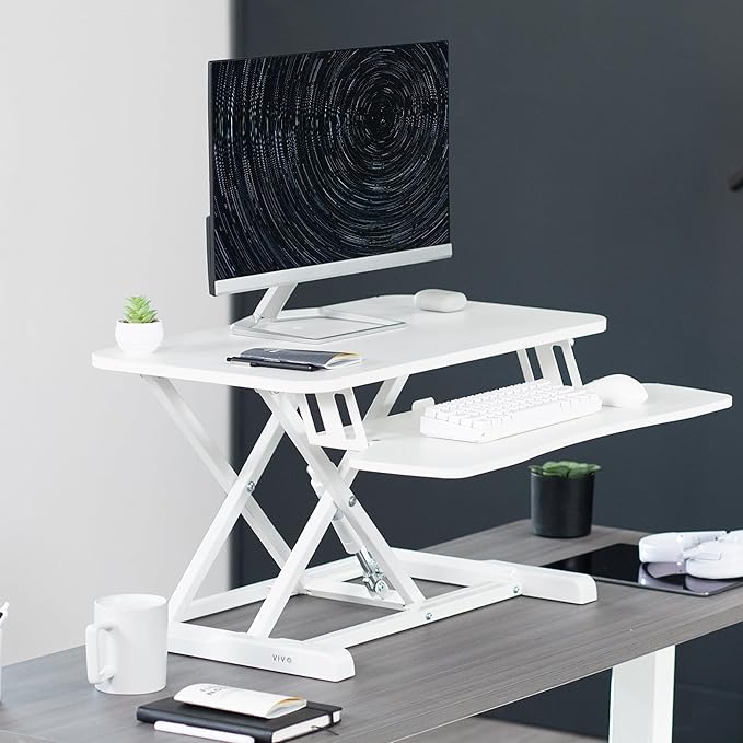 VIVO 28 inch Desk Converter, K Series, Height Adjustable Sit to Stand Riser, Dual Monitor and Laptop Workstation with Keyboard Tray, White, DESK-V028KW