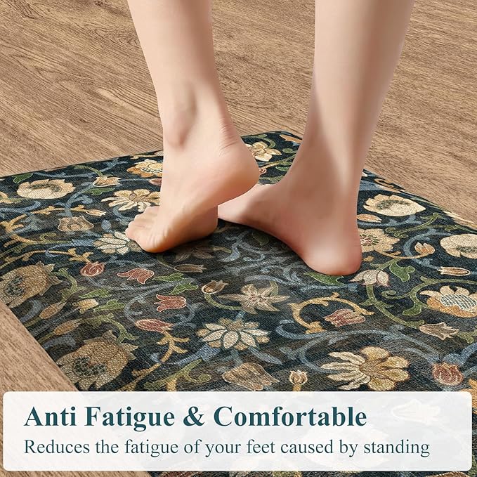 KIMODE Anti Fatigue Kitchen Mats for Floor Non Slip,Boho Kitchen Sink Rug Waterproof,Comfort Cushioned Padded Kitchen Floor Mats for Bathroom Sink Office Home Decor,Dark Green/Blue 17.3"x28"