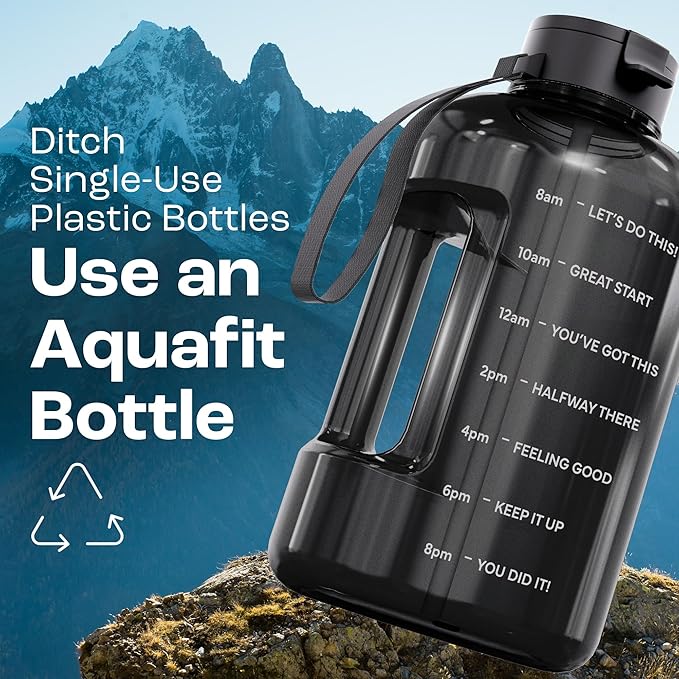 AQUAFIT 128 oz Water Bottle with Time Marker - Straw & Chug Lid - BPA Free 1 Gallon Gym Water Bottle with Handle - Big Gallon Jug (Clarity, 128 Ounces)