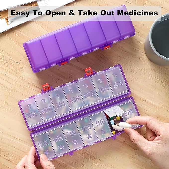 Foldable Pill Organizer 2 Times a Day w/Etched Labels -Dual Protection & Portable Weekly AM PM Pill Box, 7 Day Medicine Container, Large Travel Pill Case for Daily Supplement Vitamin -Clear Purple