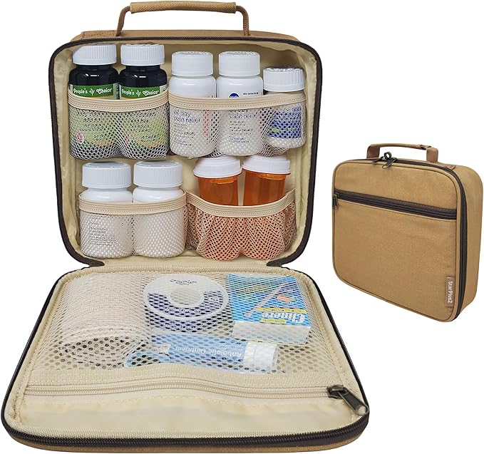 Medium Travel Pill Bottle Organizer, Slim Medicine Bag, Carrier for Medications and Medical Supplies - Khaki Canvas