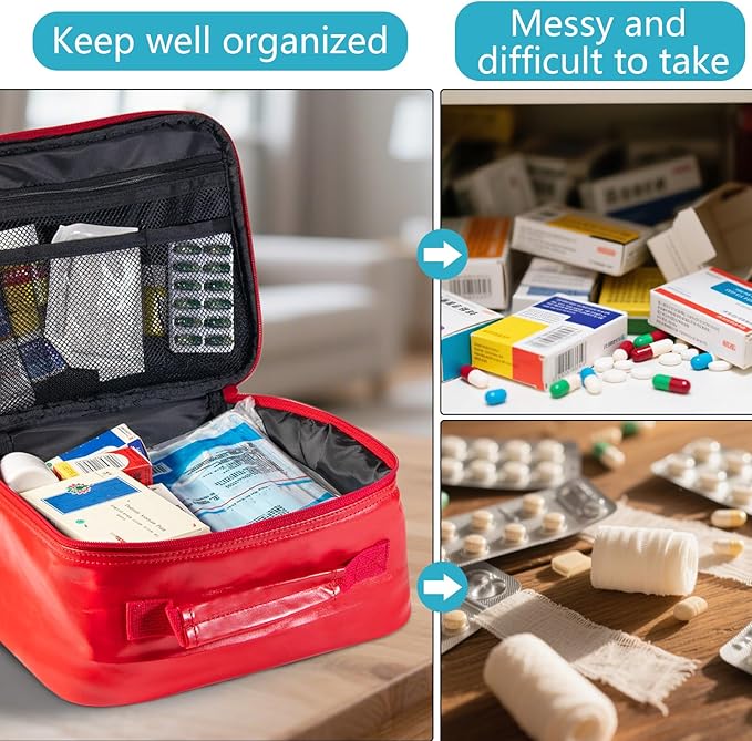 Medicine Bag, PU Leather Pill Bottle Organizer Storage, First Aid Bag Medication Travel Bag for Pills, Vitamins, Medical Supplies for Home, Traveling Hiking Camping (Red)