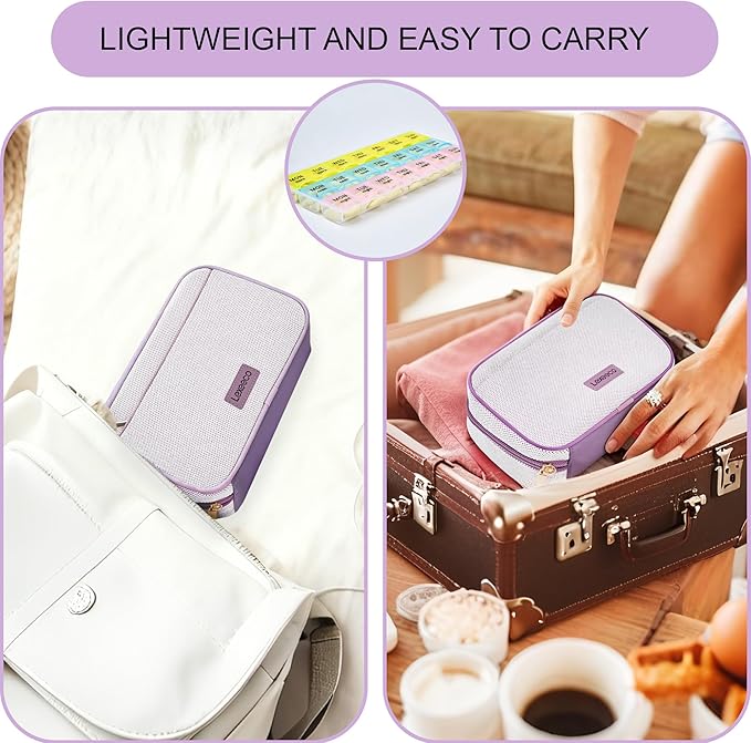 Weekly Travel Pill Organizer 3 Times A Day Pill Case for Purse with Removable 7 Day Pill Box Holder,Cute Medication Organizer Pill Container for Medicine, Vitamin, Fish Oils,Supplement(Purple, Large)