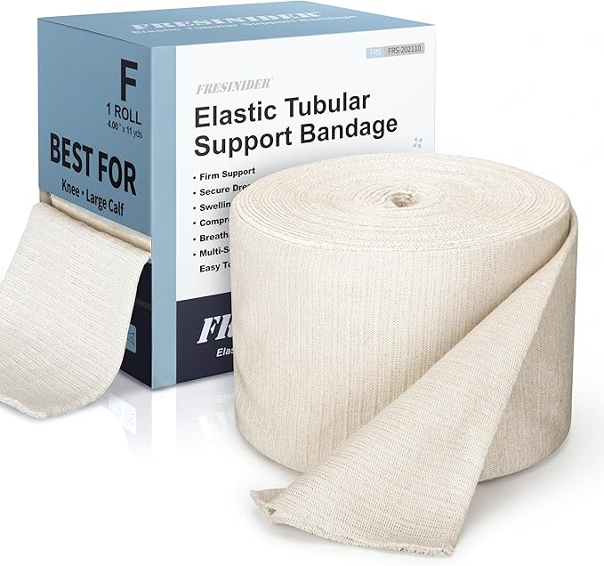 FRESINIDER Size F Elastic Tubular Support Bandage (4" x 11 Yards) – Light to Moderate Compression Roll for Large Knee & Thigh, Breathable Stretch Stockinette