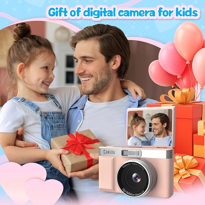 Kids Digital Camera with 180° Flip Screen, 32GB Memory Card Digital Cameras,1080P HD Point and Shoot Digital Cameras, Built in Educational Games,Ideal Gifts for Kids Boys Girls(Pink)