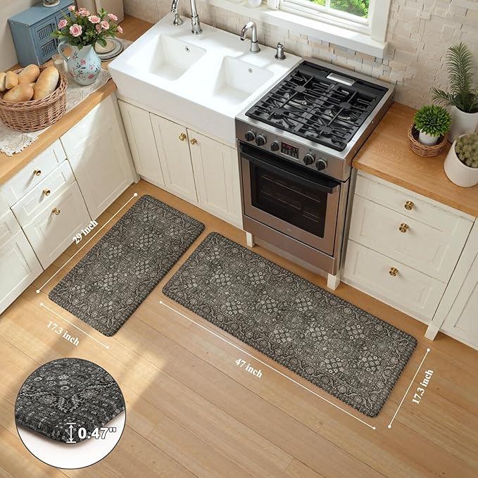 KIMODE Anti Fatigue Kitchen Mat 2PCS,Waterproof Farmhouse Green Kitchen Rugs Non-Slip,Vintage Kitchen Mats for Floor,Cushioned Comfort Standing Mat for Laundry,Office,Sink,Desk,17"x47"+17"x29"