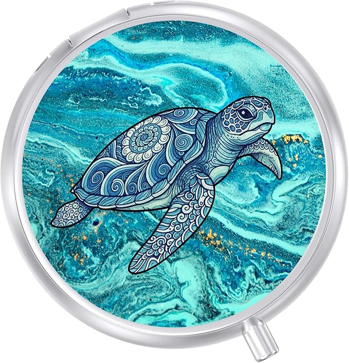 Round Pill Case Small Pill Box with Mirror Pocket 3 Compartment Vitamin Pill Medicine Case Organizer Pill Containers for Traveling Sea Turtle Wave Two