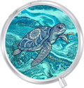 Round Pill Case Small Pill Box with Mirror Pocket 3 Compartment Vitamin Pill Medicine Case Organizer Pill Containers for Traveling Sea Turtle Wave Two