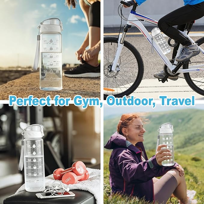 Clear Water Bottle, Wide Mouth Leakproof Water Bottle with Time Marker, 26OZ Plastic Water Bottles, Lightweight for Sports, Travel, White