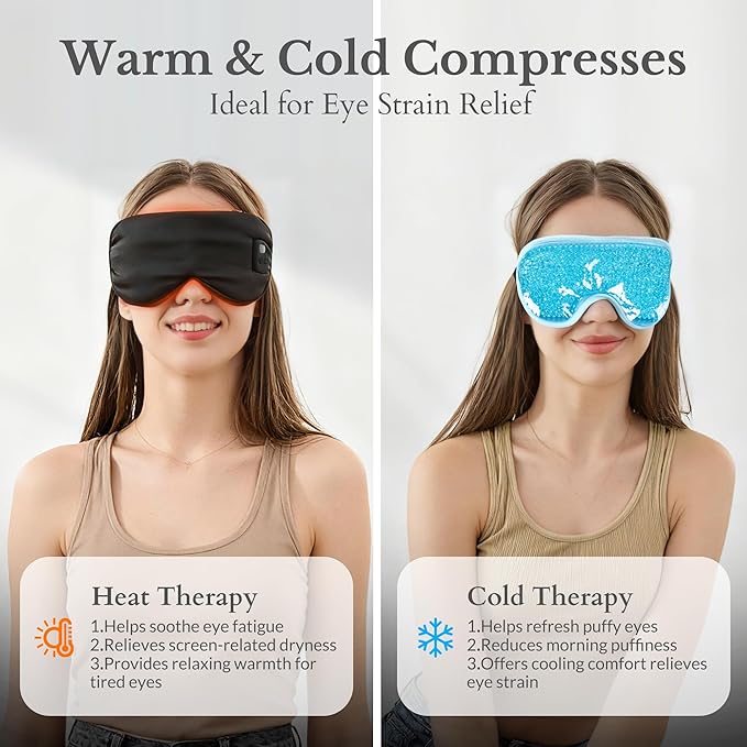 Cordless Heated Eye Mask, Silk Warm Eye Compress for Dry Eyes, Eye Relief, Improved Sleep, Washable Eye Heating Pad for Travel, 5 Temp & 6 Timers, 2-in-1 Heated & Cooling Gel Mask(2 Pack