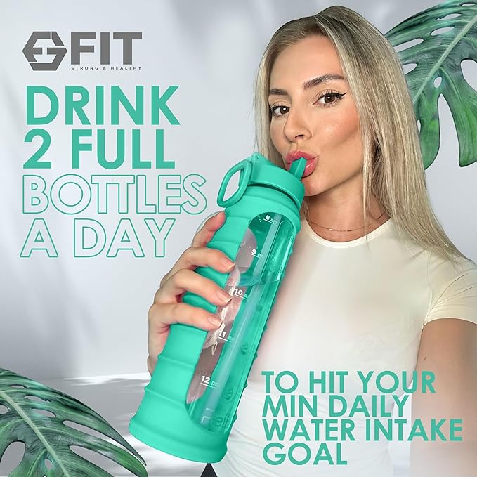 FIT Strong & Healthy 32 oz Glass Water Bottle with Straw Lid - Wide Mouth Borosilicate Glass Water Bottles with Time Marker, Silicone Sleeve & Extra Lid - 1L Large Motivational Drinking Bottle