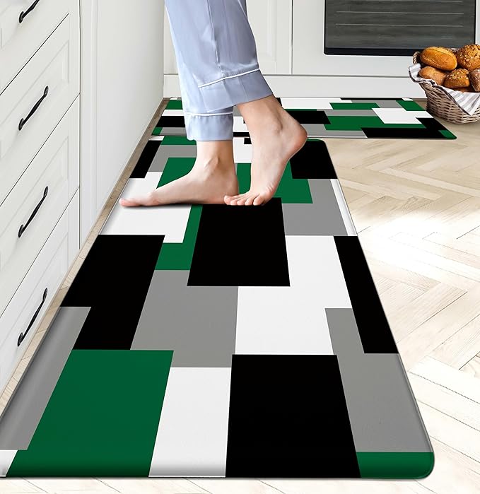 Green Kitchen Rugs Set of 2 Cushioned Anti Fatigue Kitchen Mats for Floor Non-Slip Waterproof Kitchen Floor Mats Geometric Ergonomic Cushioned Comfort Standing Mat for Laundry, Office, Sink