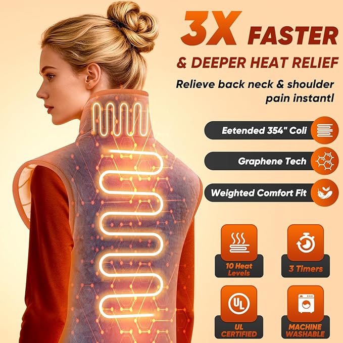 Heating Pad for Back Neck & Shoulders, 2.7lb Weighted Electric Graphene-Infused Heat Pad for Pain Relief, Wearable Full Body Large 24"x35" Fast Heating, ETL Certified, Gifts for Women, Men, Mom, Dad