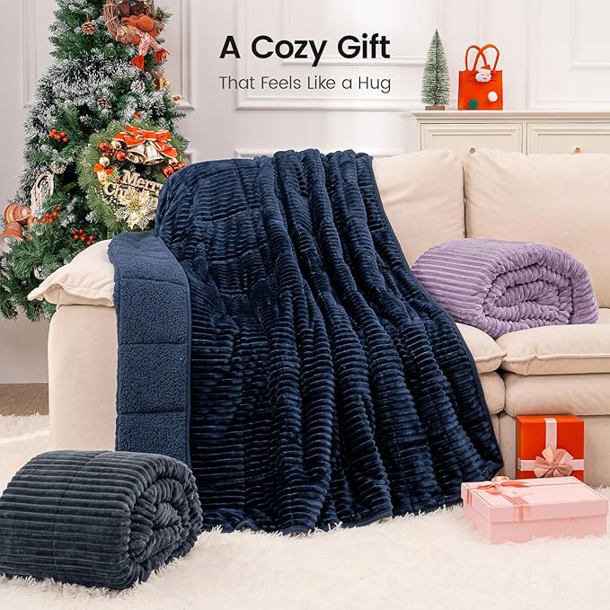 Sherpa Fleece Adult Weighted Blanket 20lbs with Ribbed Stripes, Dual Sided Fuzzy Warm Blanket for Couch Bed Sofa, Heavy Thick Blankets with Glass Beads Great for Sleep, Light Purple, 60" x 80"
