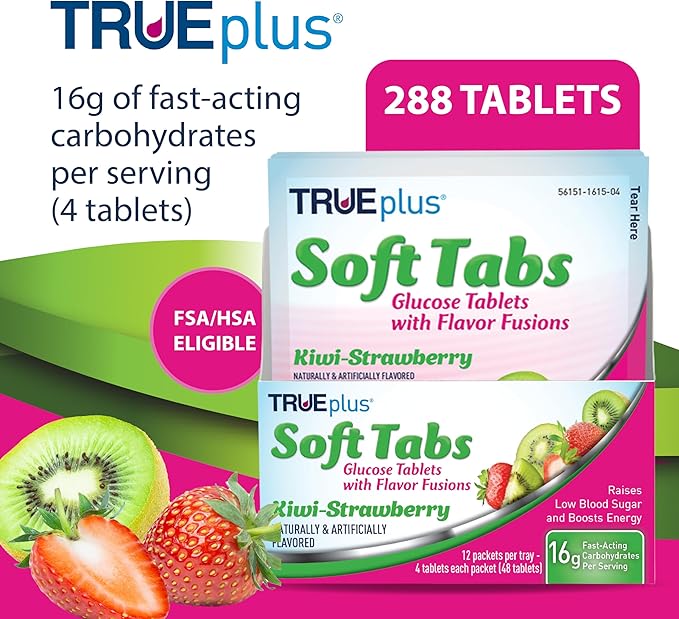TRUEplus Soft Tabs Glucose Tablets, Chewable, Kiwi Strawberry Flavor, 16g Fast-Acting Carbohydrates, Fat Free, Gluten Free, Raise Low Blood Sugar and Boost Energy, 4 Count, 72 Packs