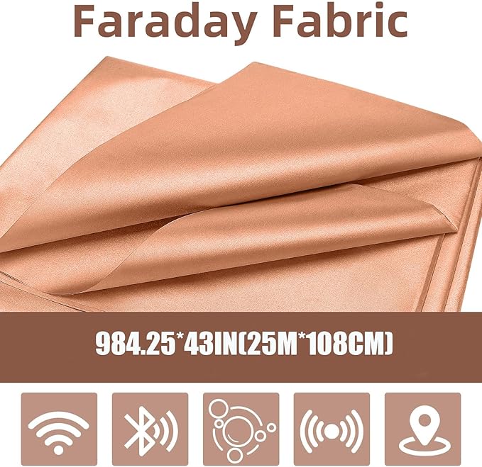 Amerthing Pure Copper Faraday Fabric,Blocking Fabric for Shielding RFID,EMP,EMF,EMI,5G,WiFi,Bluetooth,GPS Faraday Cloth 25 Meter (984.25"x43" inch)