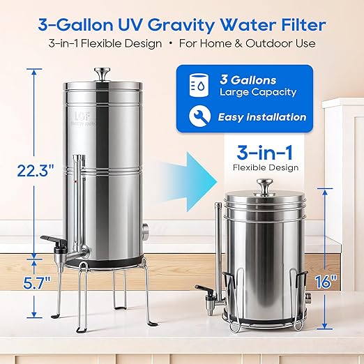 LCF 𝐒𝐢𝐥𝐯𝐞𝐫 𝐈𝐨𝐧𝐬 Enhanced UV-C Gravity Water Filter, Advanced Alternative to Berkey Water Filter System, NSF42 Standard, Reduces 99% Chlorine & Baçtёria, 6 Filters, Water Level Spigot, 3Gal