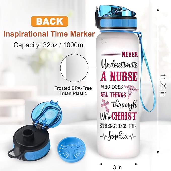 Personalized Never Underestimate A Nurse Who Does All Things Through 32oz 1Liter Motivational Water Bottle, Customized Name Water Bottle Funny Nurse, Gifts For Nurses Graduation, Gifts For Cowoker