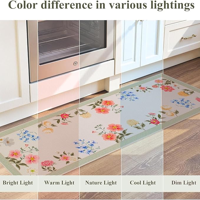 Pink Floral Kitchen Mats Set of 2, Boho Flower Kitchen Rugs Non-Slip Washable, Spring Home Decor Low-Profile Kitchen Mat for Floor Sink Laundry 17x30 and 17x47 Inch