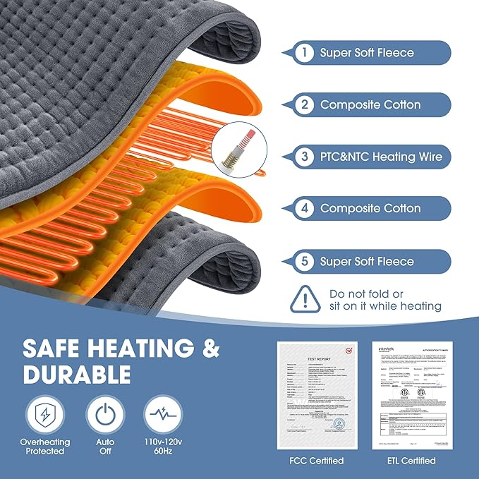 FluffyWarmth Electric Heating Pad for Back, Extra Large 17''x 33'' XXXL for Full Body,Menstrual Period Cramps,Neck Shoulder Back Pain Relief, 6 Heat Settings 4 Timers Heating Pad, Gifts for Women Men