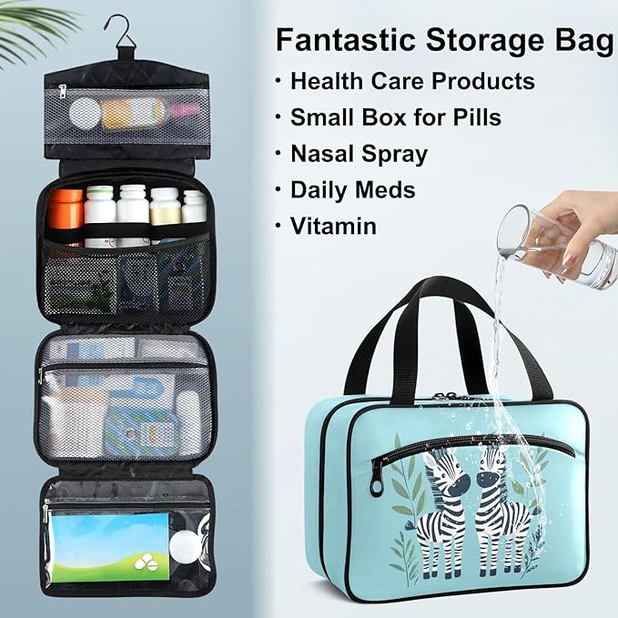 Fustylead Cute Cartoon Zebras and Leaves Empty Travel First Aid Bag Large Home Medication Bag with Zipper for Pills,Vitamin,Fish Oil,Supplements for Women and Men