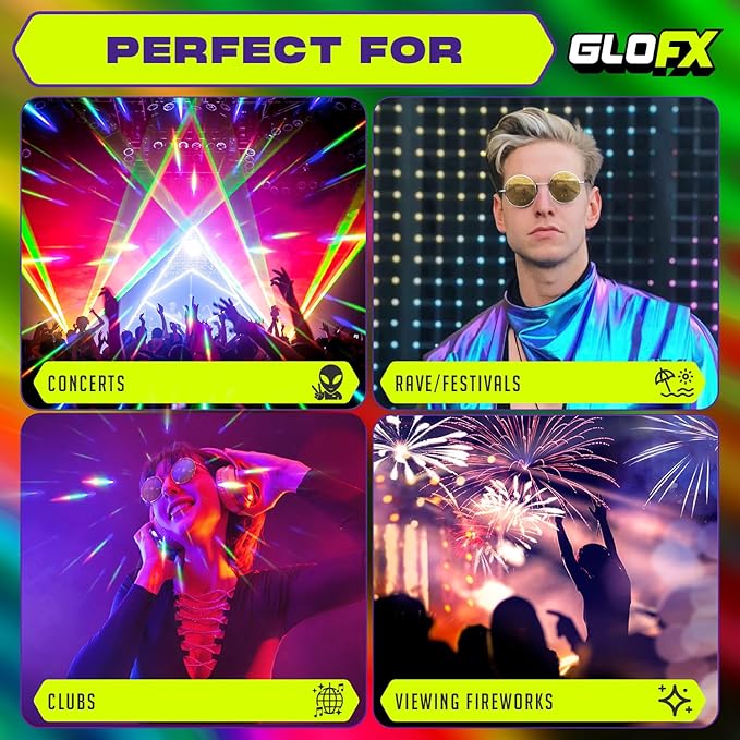 GloFX Diffraction Glasses | Hippie and Pilot Style Metal Frames with Mirror Lens and 3D Prism Rainbow Effect