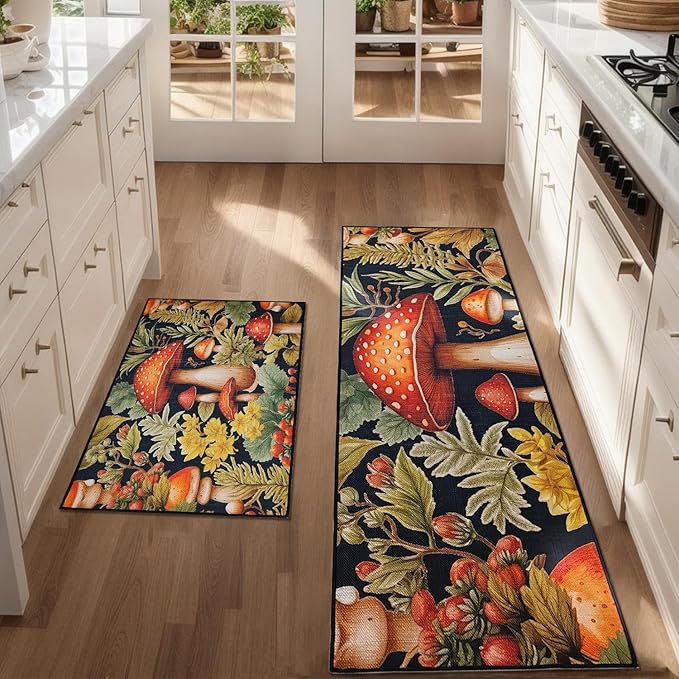 Mushroom Kitchen Mat Set of 2, Kitchen Rugs and Mats Non Slip Washable, Home Decor Low-Profile Kitchen Floor Mat (17”x30“+17''x47'')