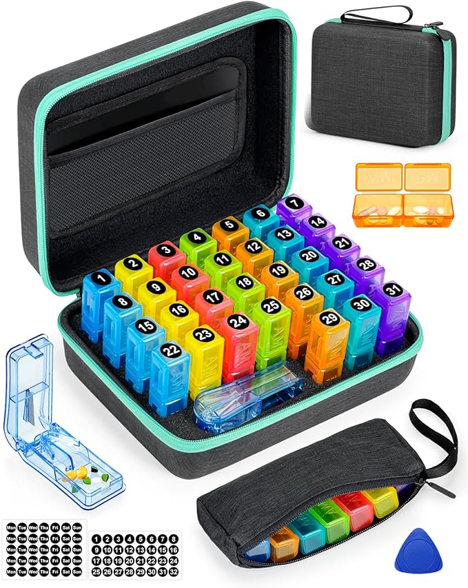Monthly Pill Organizer 2 Times a Day, with Portable Hard Shell, Pill Cutter, 31-Day Box, Plastic Opening Pick, Monthly & Weekly Stickers, Convenient Medication Management (Black, 2 Times a Day)