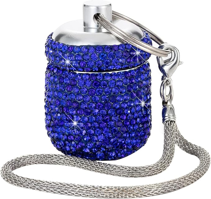 Rhinestone Pill Box Bling Pill Holder Keychian Aluminum Pill Container Mini Cylinder Pill Case Organizer for Purse Keychain Pill Bottle Vitamin Medicine Tracker (Blue)