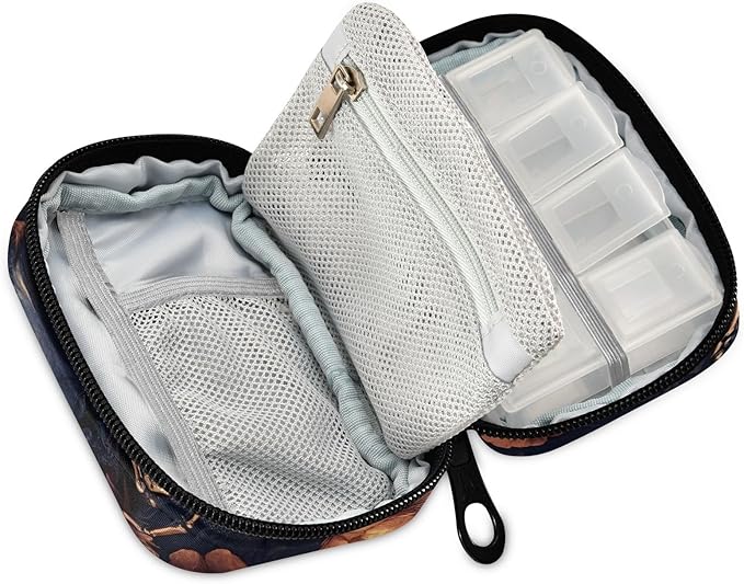 Pill Organizer Case Bronze Skull Print, Pill Box 7 Days Portable Weekly Pill Purse Pouch