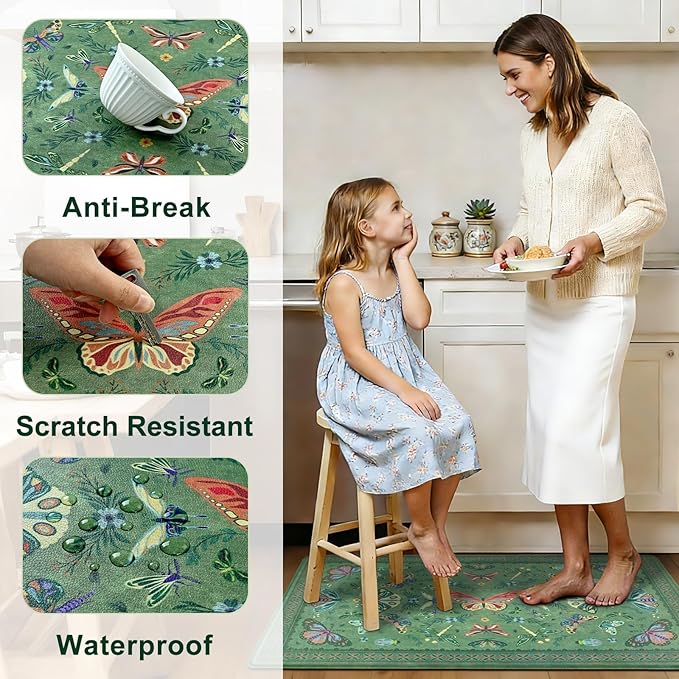 Yinhua Kitchen Rugs Sets of 3, Green Insect Kitchen Rugs Non Slip Washable, Farmhouse Anti Fatigue Mats for Kitchen Floor, PVC Waterproof Rug for Spring Summer, 18''x30''+18''x48''+18''x60''