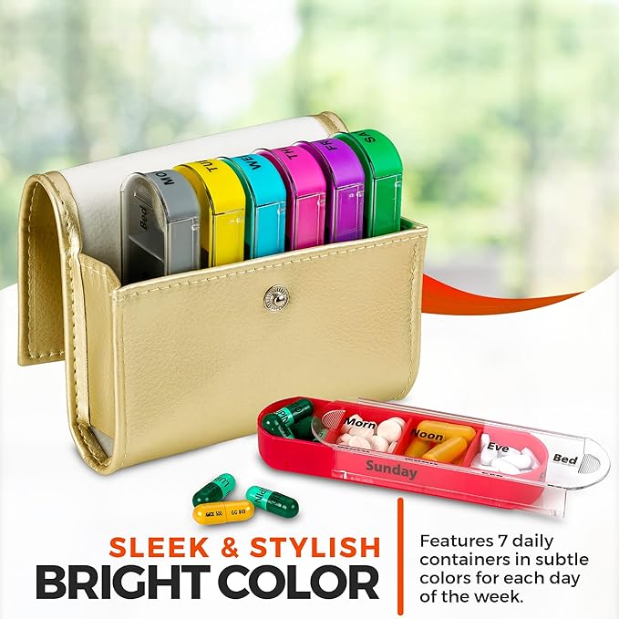 Weekly Travel Pill Organizer - Prescription and Medication Wallet Pill Box Reminder, Pill Container Dispenser Case, Vitamin Caddy Organizer, for 4 Times A Day, 7 Days a Week