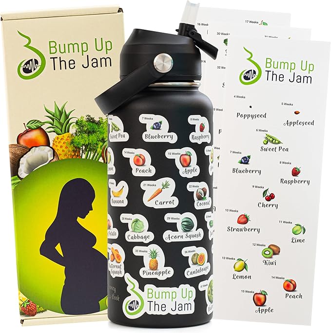 Pregnancy Water Bottle Tracker - 32 Ounce Stainless Steel - Includes Weekly Pregnancy Tracker Stickers (Midnight Black Color)